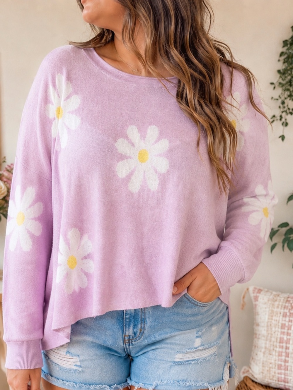 Ekouaer Pink Daisy Floral Oversized Lightweight Sweater Top Women’s XXL